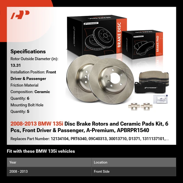 2008-2013 BMW 135i Disc Brake Rotors and Ceramic Pads Kit, 6 Pcs, Front Driver & Passenger, A-Premium, APBRPR1540