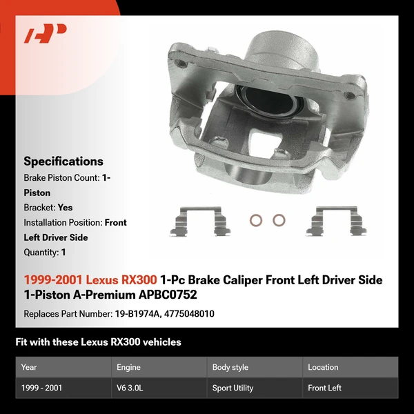 1999-2001 Lexus RX300 1-Pc Brake Caliper Front Left Driver Side 1-Piston A-Premium APBC0752