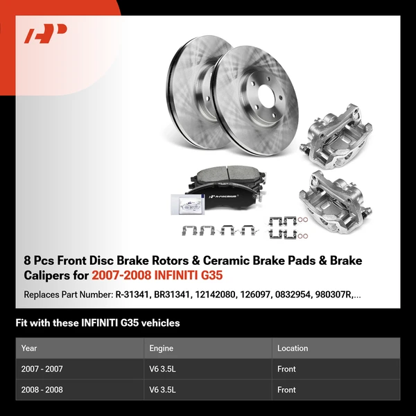 8 Pcs Front Disc Brake Rotors & Ceramic Brake Pads & Brake Calipers for 2007-2008 INFINITI G35