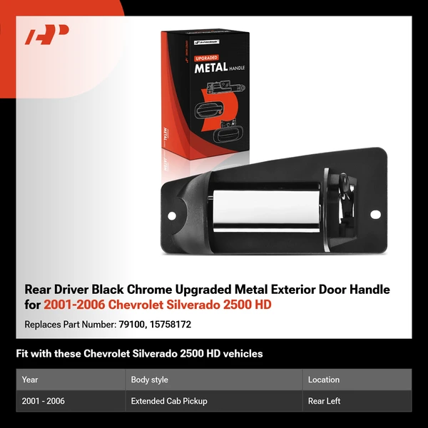 Rear Driver Black Chrome Upgraded Metal Exterior Door Handle for 2001-2006 Chevrolet Silverado 2500 HD