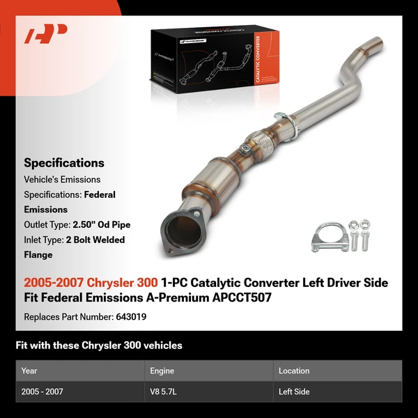 2005-2007 Chrysler 300 1-PC Catalytic Converter Left Driver Side Fit Federal Emissions A-Premium APCCT507