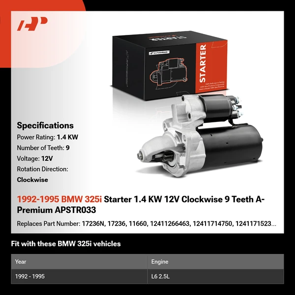 1992-1995 BMW 325i Starter 1.4 KW 12V Clockwise 9 Teeth A-Premium APSTR033