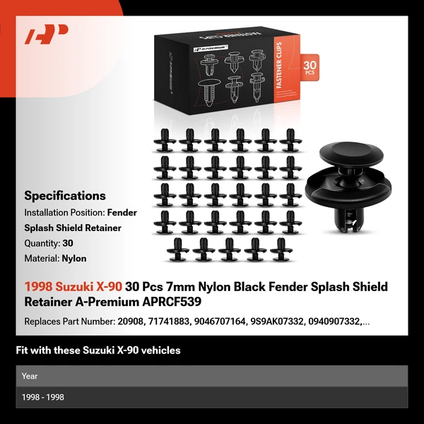 1998 Suzuki X-90 30 Pcs 7mm Nylon Black Fender Splash Shield Retainer A-Premium APRCF539