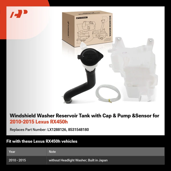 Windshield Washer Reservoir Tank with Cap & Pump &Sensor for 2010-2015 Lexus RX450h