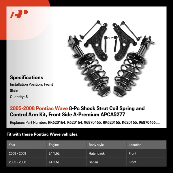 2005-2008 Pontiac Wave 8-Pc Shock Strut Coil Spring and Control Arm Kit, Front Side A-Premium APCA5277
