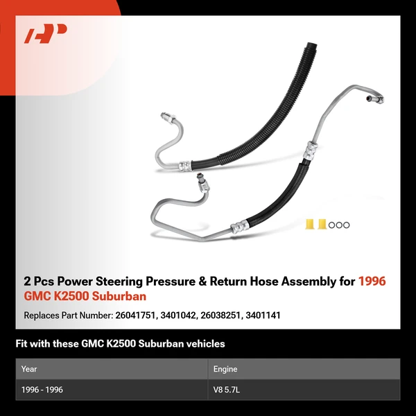 2 Pcs Power Steering Pressure & Return Hose Assembly for 1996 GMC K2500 Suburban