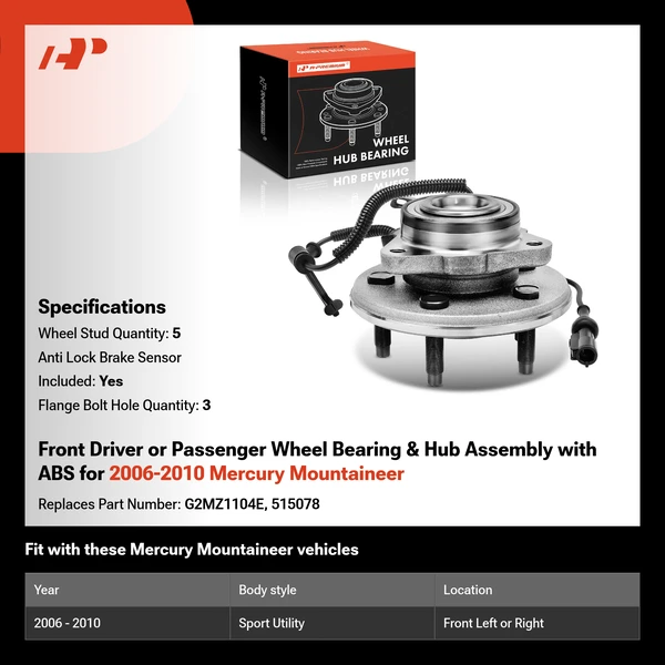 Front Driver or Passenger Wheel Bearing & Hub Assembly with ABS for 2006-2010 Mercury Mountaineer