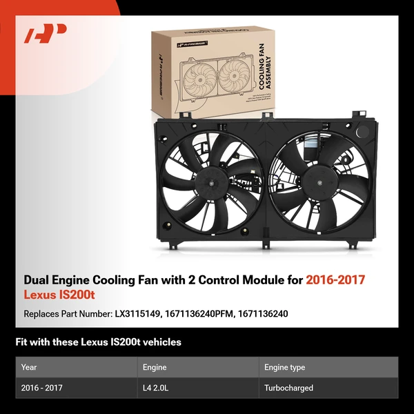 Dual Engine Cooling Fan with 2 Control Module for 2016-2017 Lexus IS200t