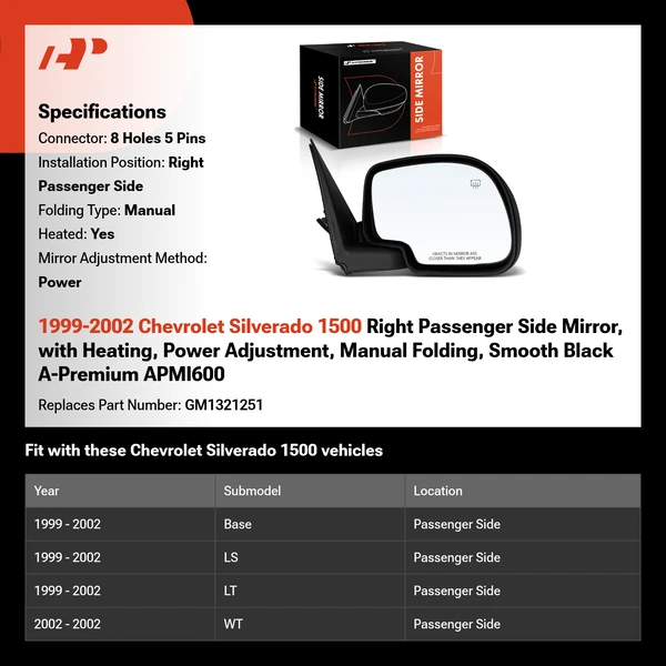 1999-2002 Chevrolet Silverado 1500 Right Passenger Side Mirror, with Heating, Power Adjustment, Manual Folding, Smooth Black A-Premium APMI600