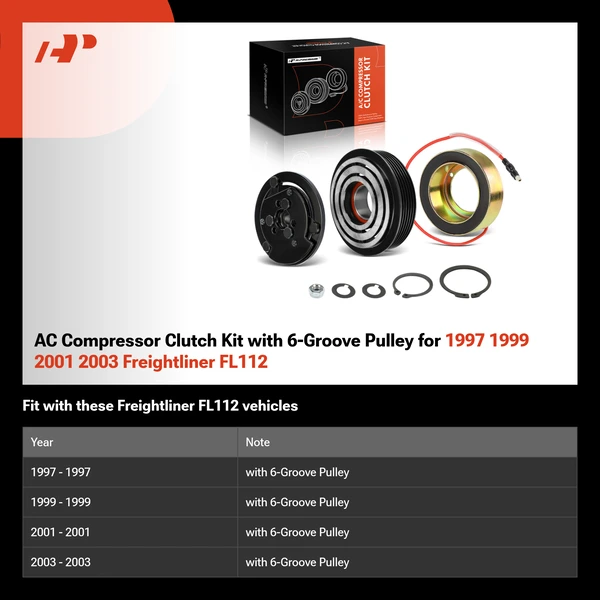 AC Compressor Clutch Kit with 6-Groove Pulley for 1997 1999 2001 2003 Freightliner FL112