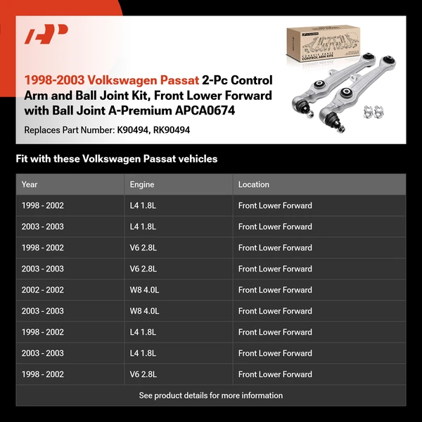 1998-2003 Volkswagen Passat 2-Pc Control Arm and Ball Joint Kit, Front Lower Forward with Ball Joint A-Premium APCA0674