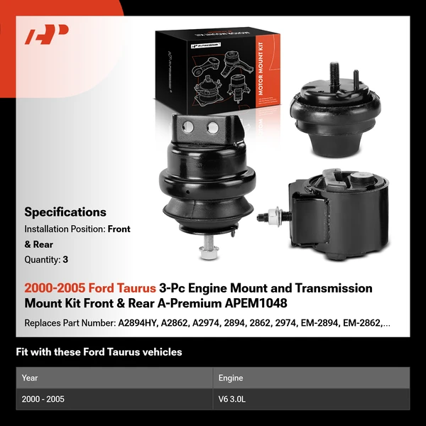 2000-2005 Ford Taurus 3-Pc Engine Mount and Transmission Mount Kit Front & Rear A-Premium APEM1048