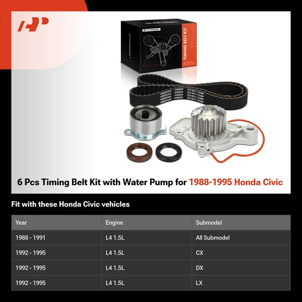 6 Pcs Timing Belt Kit with Water Pump for 1988-1995 Honda Civic