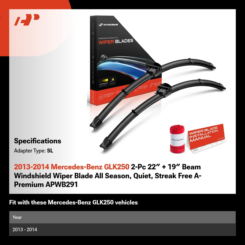 2013-2014 Mercedes-Benz GLK250 2-Pc 22″ + 19″ Beam Windshield Wiper Blade All Season, Quiet, Streak Free A-Premium APWB291