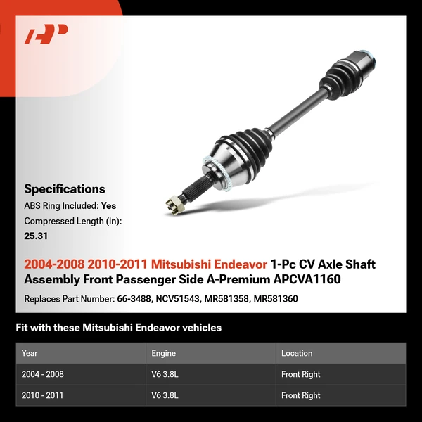 2004-2008 2010-2011 Mitsubishi Endeavor 1-Pc CV Axle Shaft Assembly Front Passenger Side A-Premium APCVA1160
