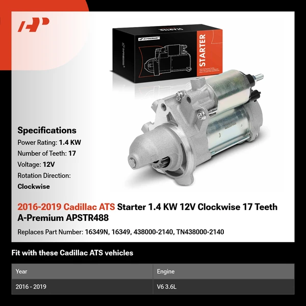2016-2019 Cadillac ATS Starter 1.4 KW 12V Clockwise 17 Teeth A-Premium APSTR488