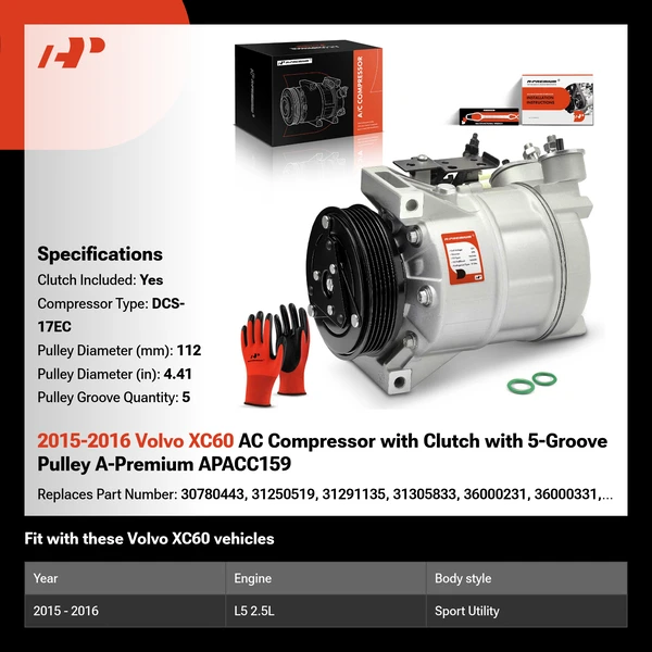 2015-2016 Volvo XC60 AC Compressor with Clutch with 5-Groove Pulley A-Premium APACC159