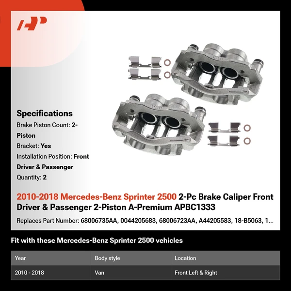 2010-2018 Mercedes-Benz Sprinter 2500 2-Pc Brake Caliper Front Driver & Passenger 2-Piston A-Premium APBC1333