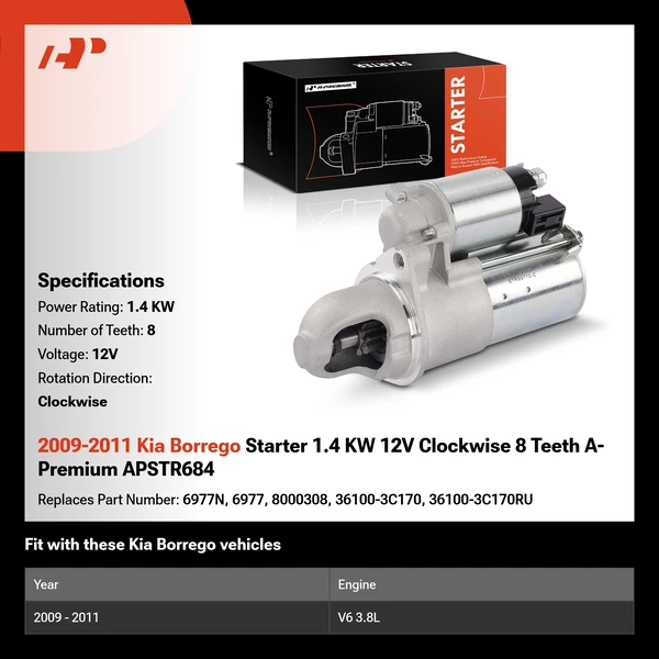 2009-2011 Kia Borrego Starter 1.4 KW 12V Clockwise 8 Teeth A-Premium APSTR684