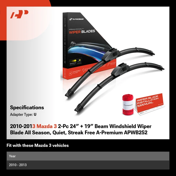 2010-2013 Mazda 3 2-Pc 24″ + 19″ Beam Windshield Wiper Blade All Season, Quiet, Streak Free A-Premium APWB252