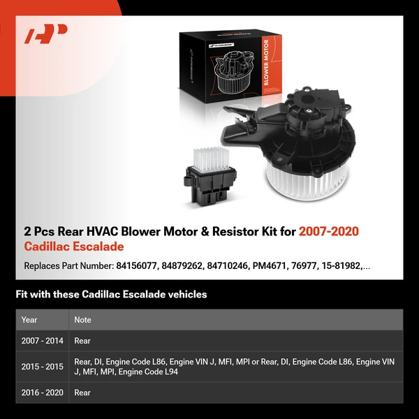 2 Pcs Rear HVAC Blower Motor & Resistor Kit for 2007-2020 Cadillac Escalade
