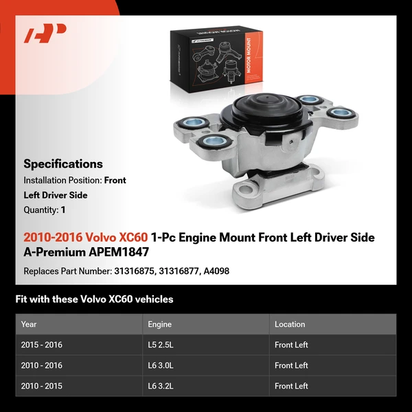 2010-2016 Volvo XC60 1-Pc Engine Mount Front Left Driver Side A-Premium APEM1847