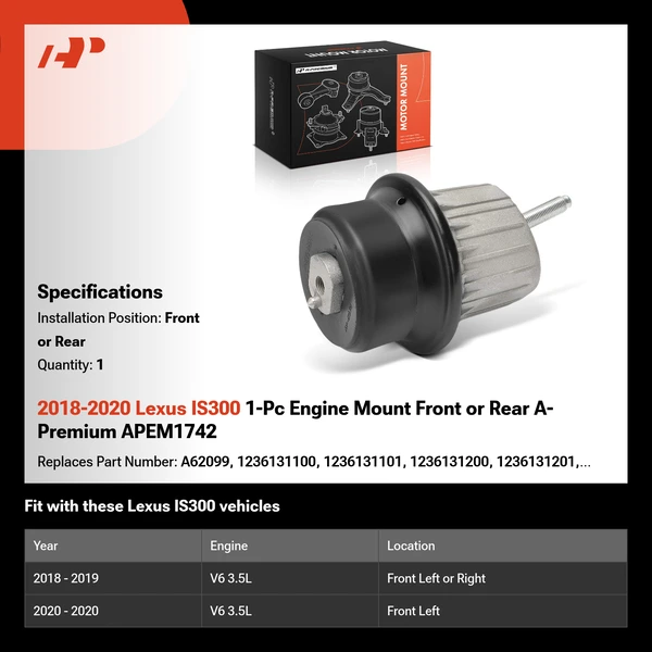 2018-2020 Lexus IS300 1-Pc Engine Mount Front or Rear A-Premium APEM1742