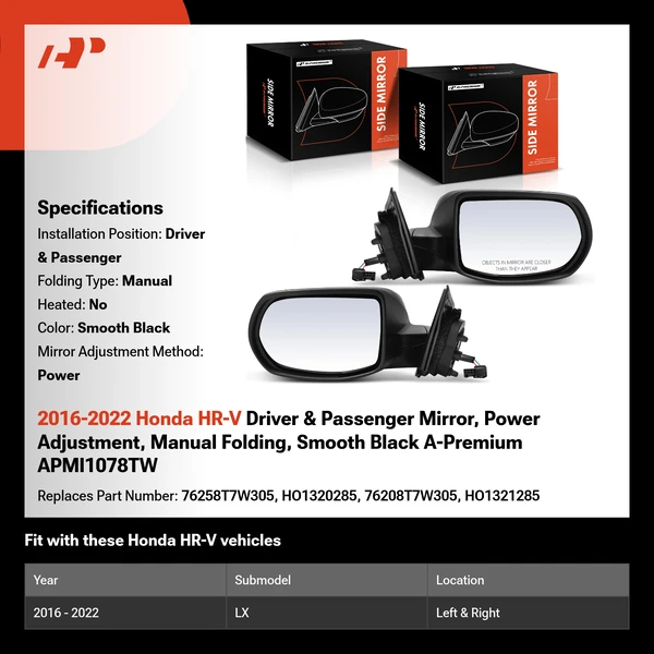 2016-2022 Honda HR-V Driver & Passenger Mirror, Power Adjustment, Manual Folding, Smooth Black A-Premium APMI1078TW