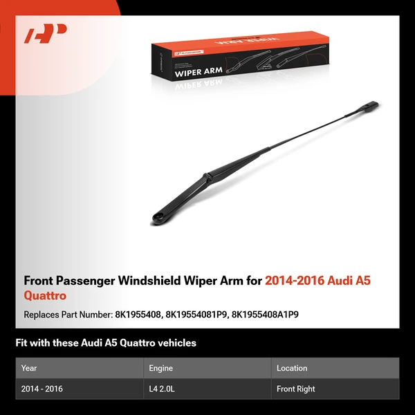 Front Passenger Windshield Wiper Arm for 2014-2016 Audi A5 Quattro