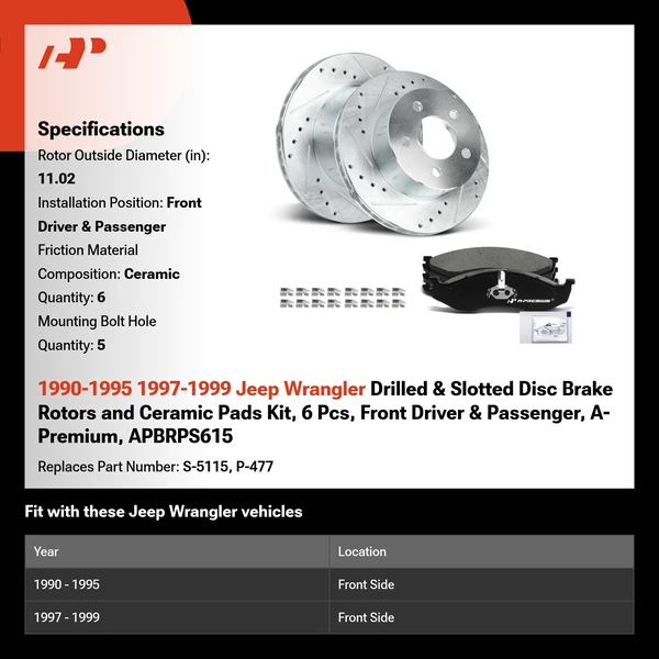 1990-1995 1997-1999 Jeep Wrangler Drilled & Slotted Disc Brake Rotors and Ceramic Pads Kit, 6 Pcs, Front Driver & Passenger, A-Premium, APBRPS615
