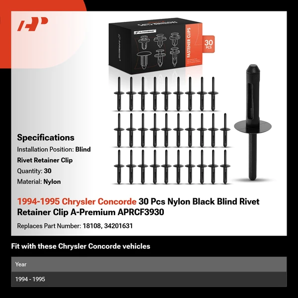 1994-1995 Chrysler Concorde 30 Pcs Nylon Black Blind Rivet Retainer Clip A-Premium APRCF3930