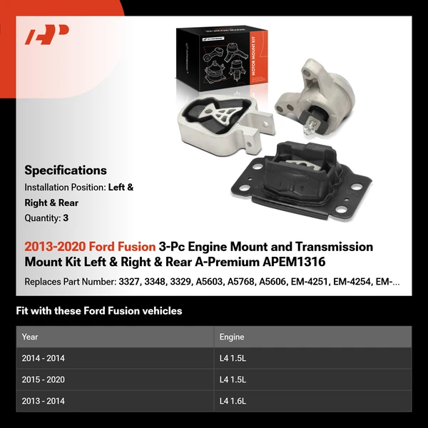 2013-2020 Ford Fusion 3-Pc Engine Mount and Transmission Mount Kit Left & Right & Rear A-Premium APEM1316