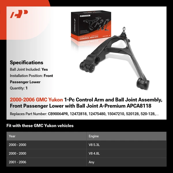 2000-2006 GMC Yukon 1-Pc Control Arm and Ball Joint Assembly, Front Passenger Lower with Ball Joint A-Premium APCA8118
