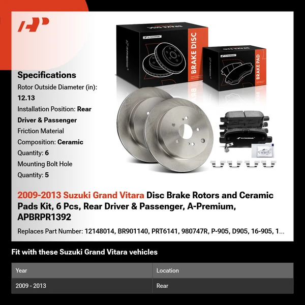 2009-2013 Suzuki Grand Vitara Disc Brake Rotors and Ceramic Pads Kit, 6 Pcs, Rear Driver & Passenger, A-Premium, APBRPR1392