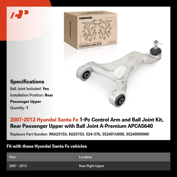 2007-2012 Hyundai Santa Fe 1-Pc Control Arm and Ball Joint Kit, Rear Passenger Upper with Ball Joint A-Premium APCA5640