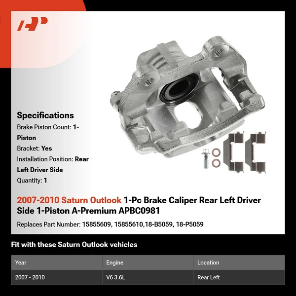 2007-2010 Saturn Outlook 1-Pc Brake Caliper Rear Left Driver Side 1-Piston A-Premium APBC0981