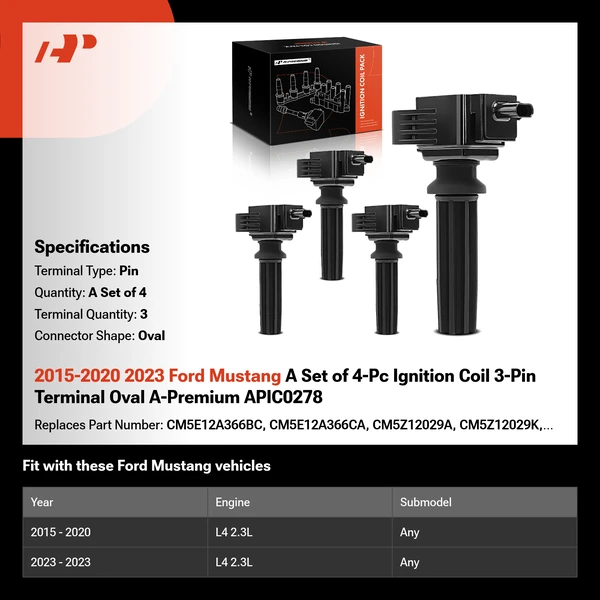 2015-2020 2023 Ford Mustang A Set of 4-Pc Ignition Coil 3-Pin Terminal Oval A-Premium APIC0278