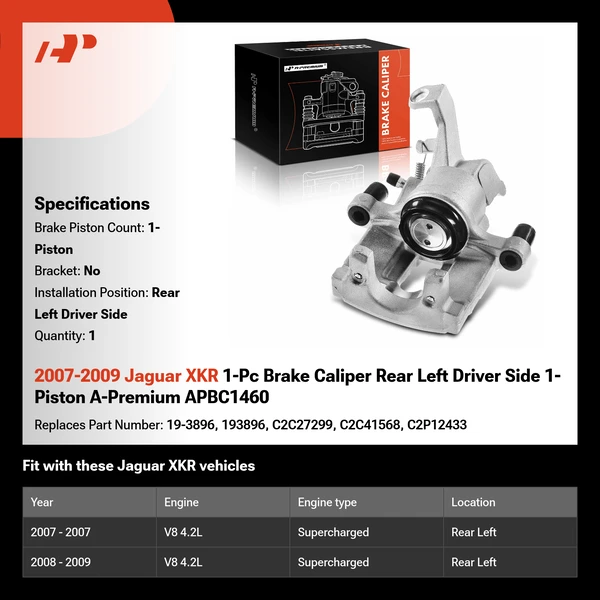 2007-2009 Jaguar XKR 1-Pc Brake Caliper Rear Left Driver Side 1-Piston A-Premium APBC1460