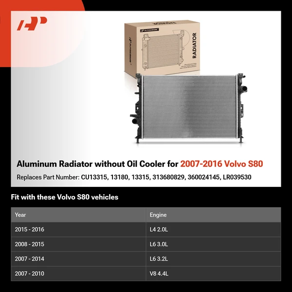Aluminum Radiator without Oil Cooler for 2007-2016 Volvo S80