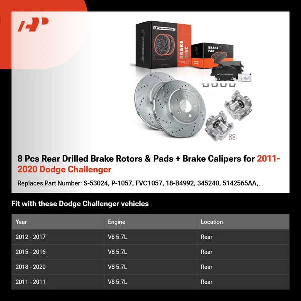 8 Pcs Rear Drilled Brake Rotors & Pads + Brake Calipers for 2011-2020 Dodge Challenger