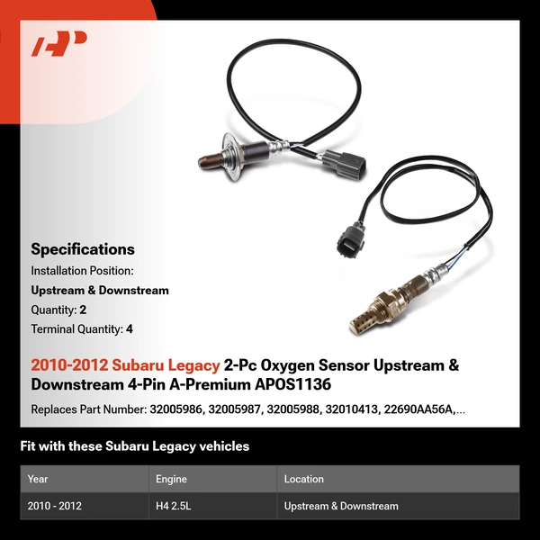 2010-2012 Subaru Legacy 2-Pc Oxygen Sensor Upstream & Downstream 4-Pin A-Premium APOS1136