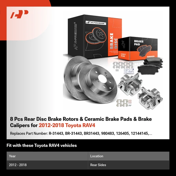 8 Pcs Rear Disc Brake Rotors & Ceramic Brake Pads & Brake Calipers for 2012-2018 Toyota RAV4