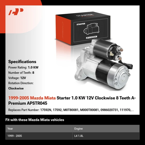 1999-2005 Mazda Miata Starter 1.0 KW 12V Clockwise 8 Teeth A-Premium APSTR045