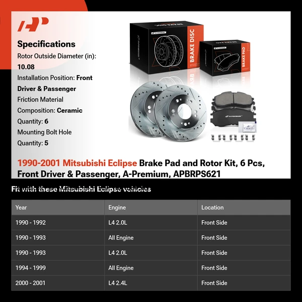 1990-2001 Mitsubishi Eclipse Brake Pad and Rotor Kit, 6 Pcs, Front Driver & Passenger, A-Premium, APBRPS621