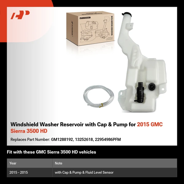 Windshield Washer Reservoir with Cap & Pump for 2015 GMC Sierra 3500 HD