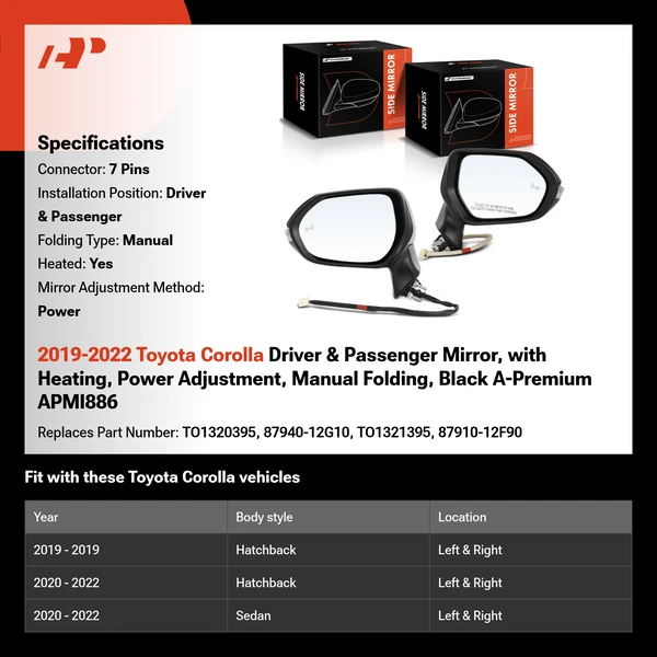 2019-2022 Toyota Corolla Driver & Passenger Mirror, with Heating, Power Adjustment, Manual Folding, Black A-Premium APMI886
