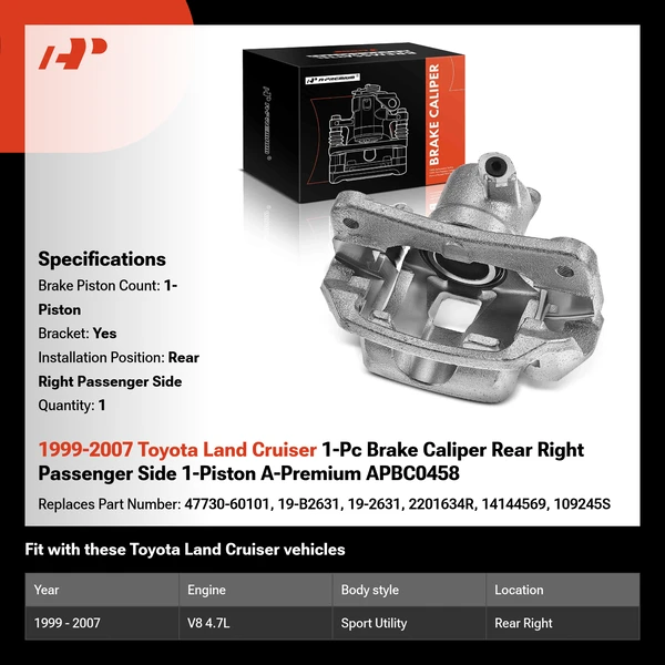 1999-2007 Toyota Land Cruiser 1-Pc Brake Caliper Rear Right Passenger Side 1-Piston A-Premium APBC0458