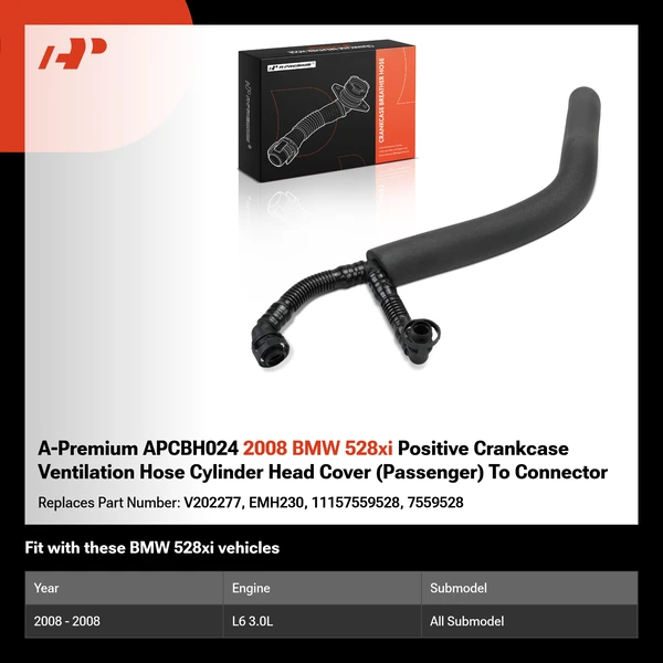 A-Premium APCBH024 2008 BMW 528xi Positive Crankcase Ventilation Hose Cylinder Head Cover (Passenger) To Connector