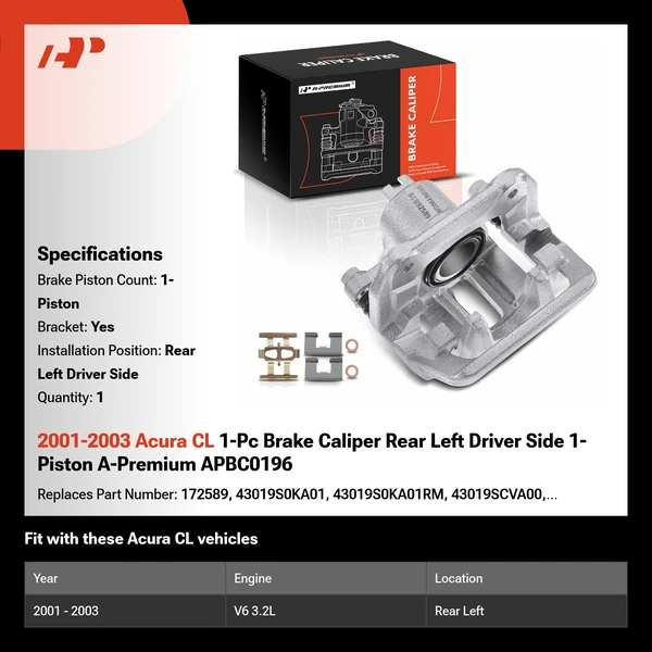 2001-2003 Acura CL 1-Pc Brake Caliper Rear Left Driver Side 1-Piston A-Premium APBC0196