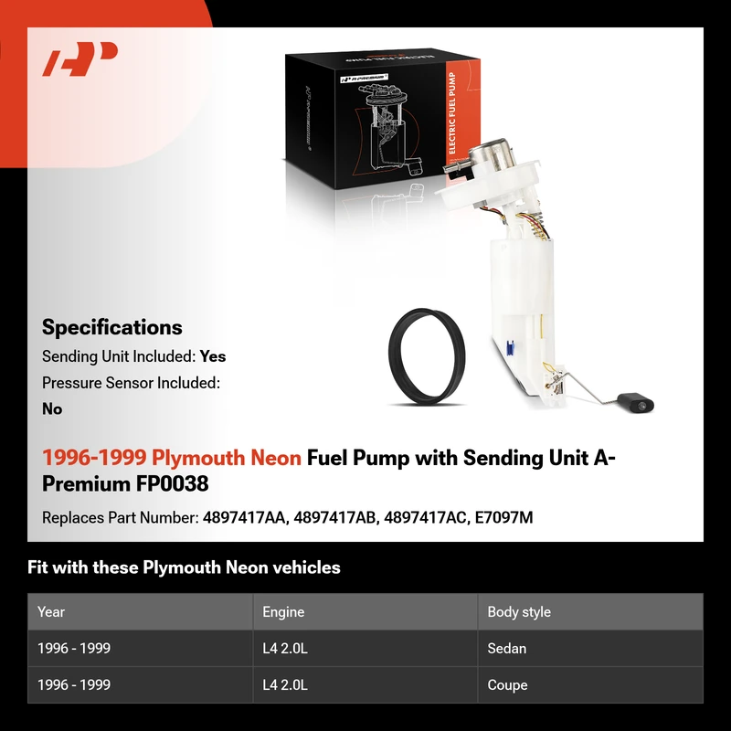 1996-1999 Plymouth Neon Fuel Pump with Sending Unit A-Premium FP0038